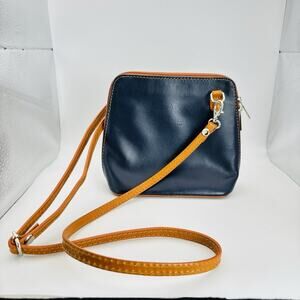 Vera Pelle Italian Leather Small Crossbody Shoulder Bag. Blue With Camel Trim